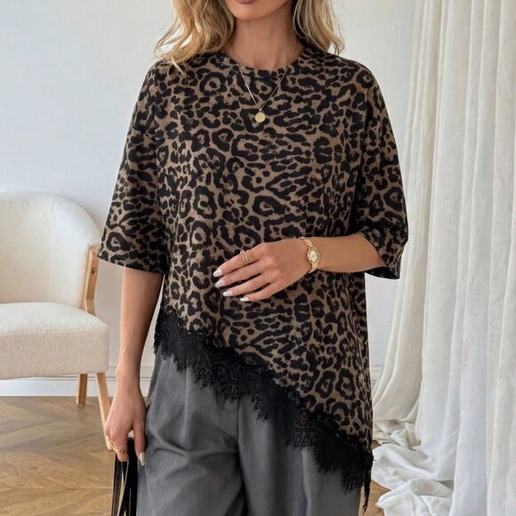 Multicolor Casual Women's Leopard Print Lace Patchwork Short Sleeve T-Shirt - Picture 6 of 9